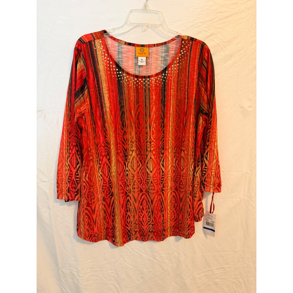 Ruby Rd Must Haves II Red Ikat Stripe Rhinestone Top XL 75196 CL